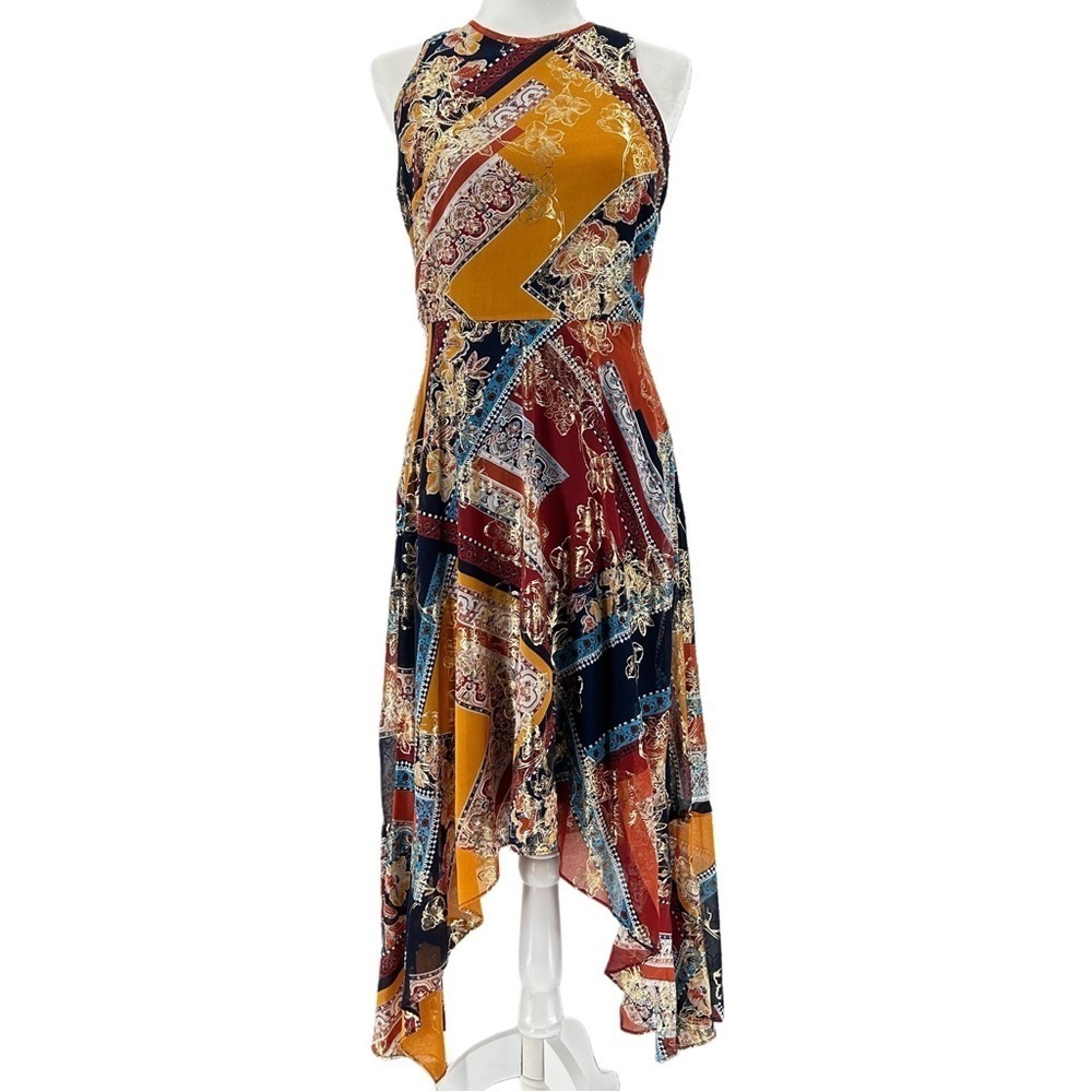 Laundry By Shelli Segal Boho Gold Asymmetrical Hem Sleeveless Midi Dress Size 6